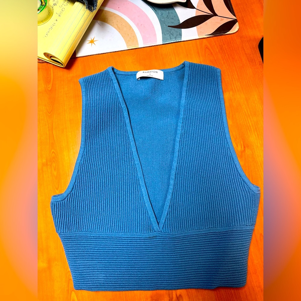 Aritzia Babaton Sculpt Knit Deep V Tank – Flagstone Blue – Size S